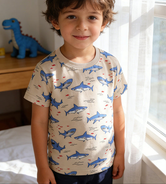 Cartoon Shark Print Short Sleeve T-Shirt Cotton Casual Top