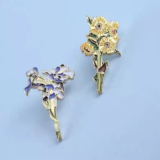 Sunflower & Iris Floral Brooch Artistic Lapel Pin for Bags