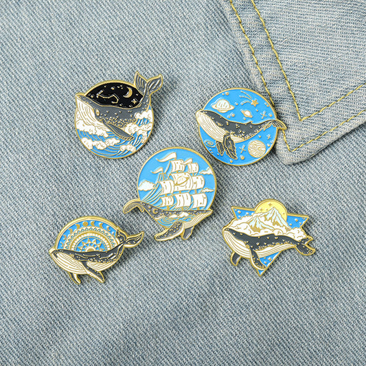 Whale Shape Alloy Brooch with Ocean Wave and Starry Sky Design