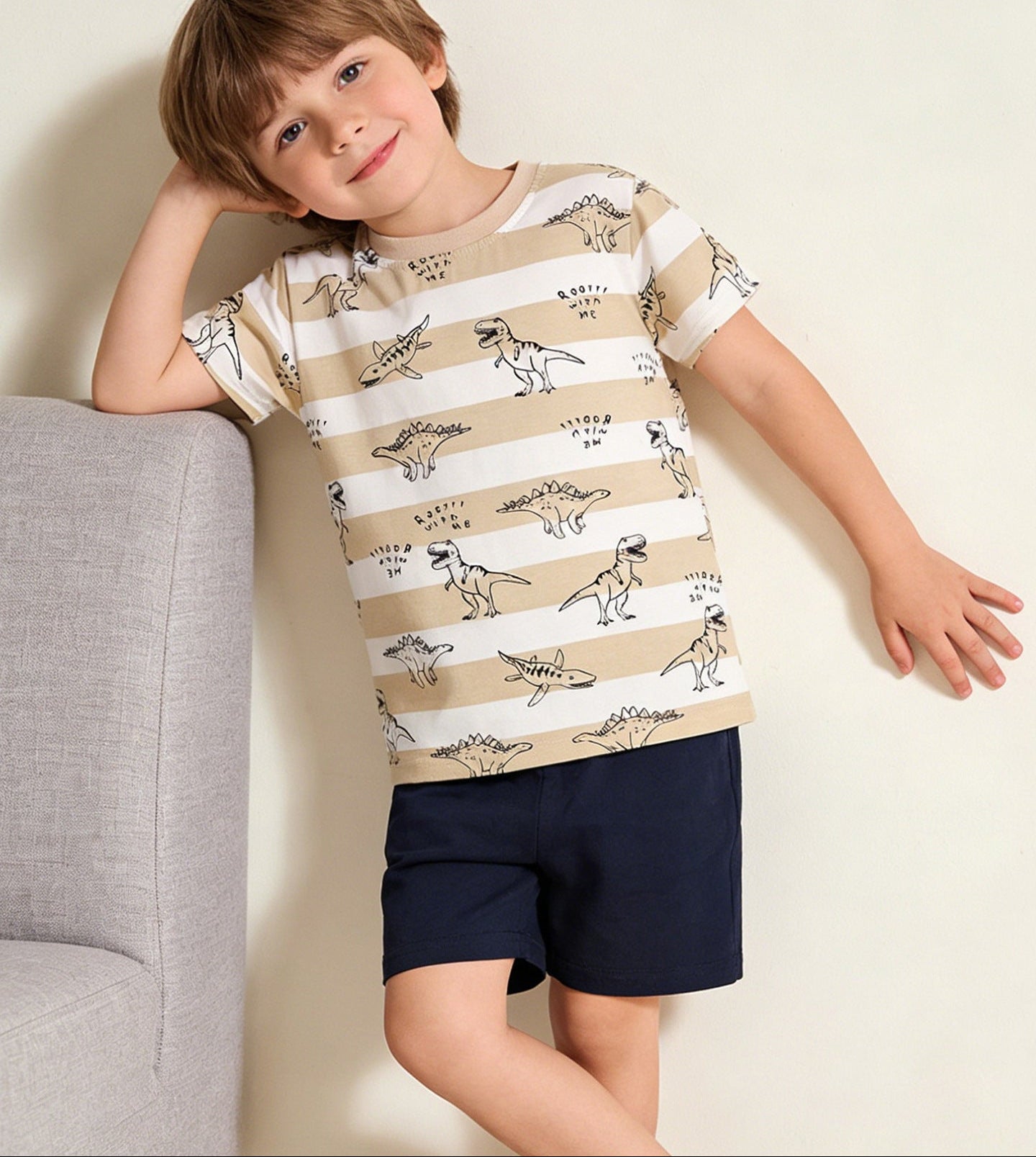 Cartoon Dinosaur Striped Short Sleeve T-Shirt for Boys