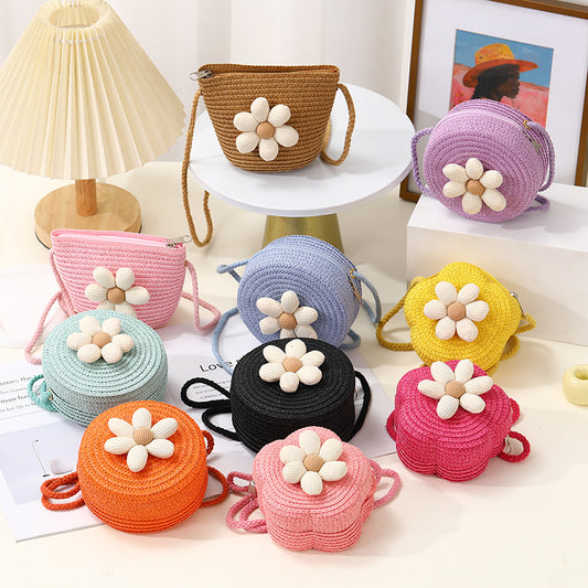 Children's Floral Woven Beach Bag Lightweight Casual Crossbody Bag