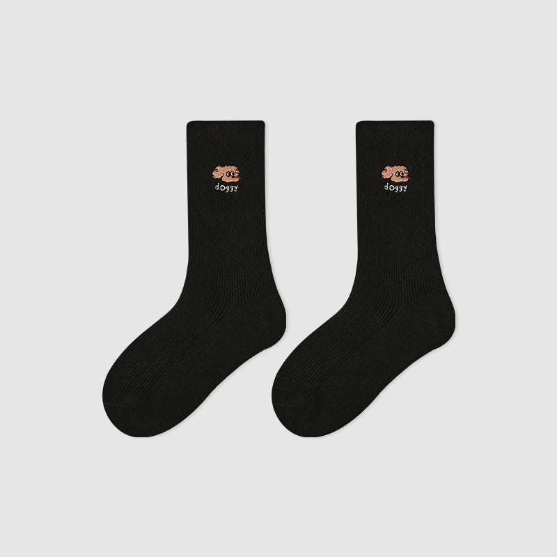 Kids Mid Calf Animal Embroidered Cotton Socks
