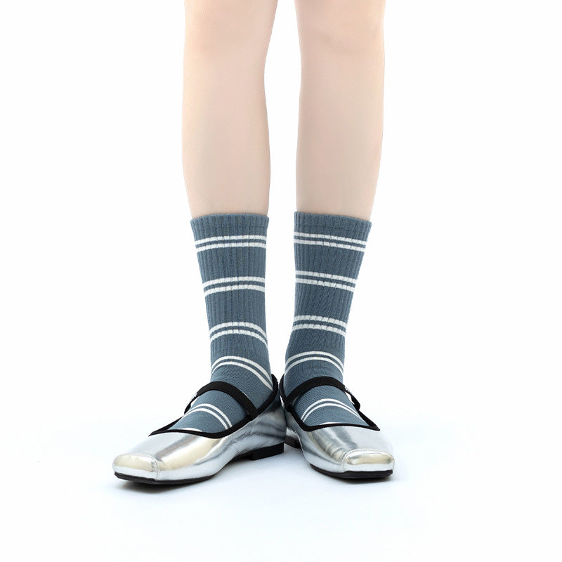 Retro Striped Cotton Mid-Calf Socks for Women