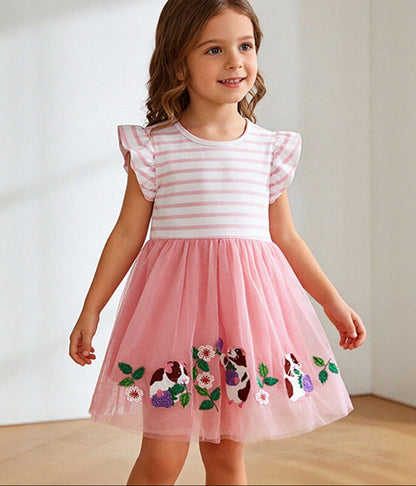 Animal Embroidered Striped Kids Dress with Ruffle Sleeves