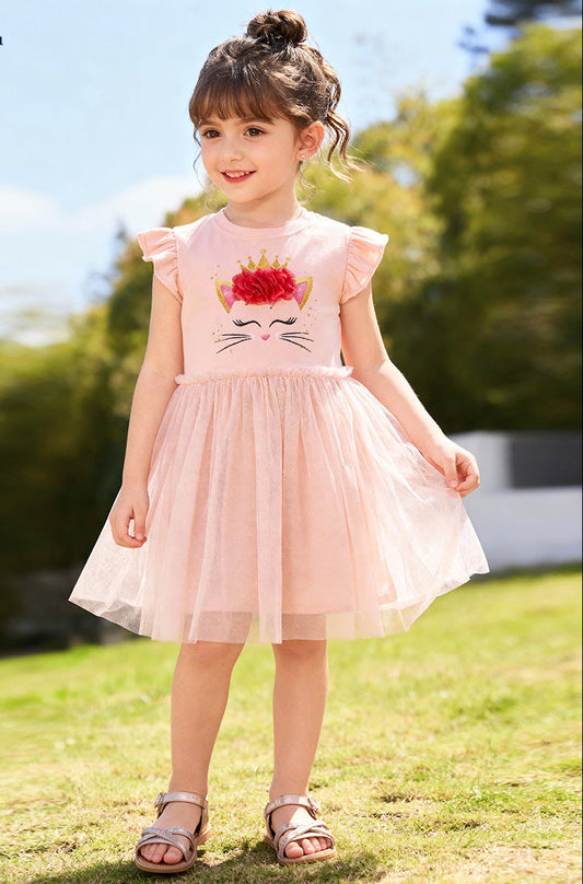 Cat Print Tulle Dress for Girls