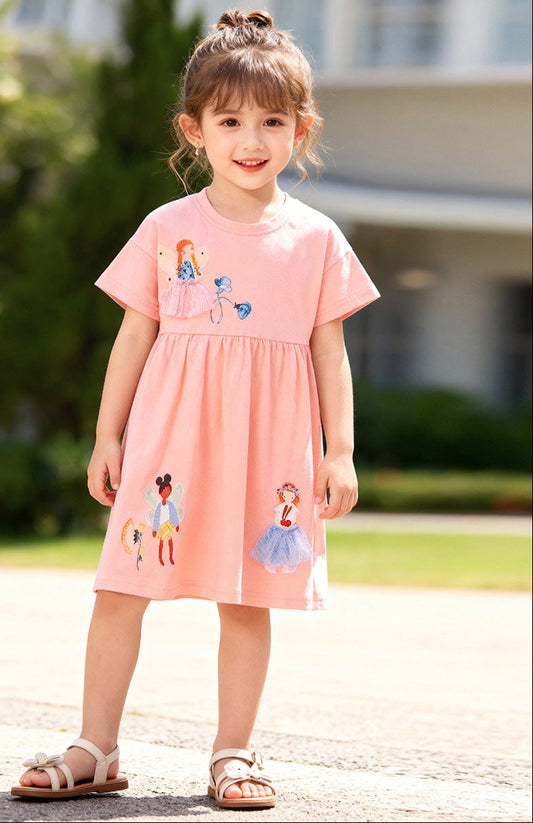 Cartoon Print Cotton Dress for Girls Summer Casual Dress