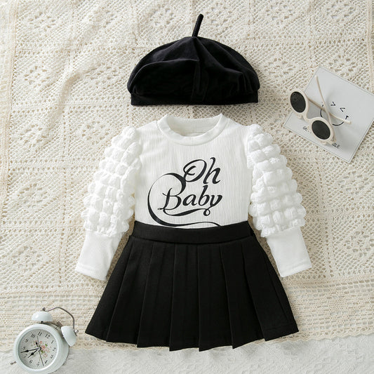 Trendy Baby Girls' Letter Print Bubble Sleeve Casual Outfit Set