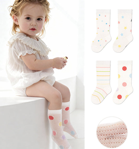 Boys Girls Breathable Cotton Socks with Stripes and Dots