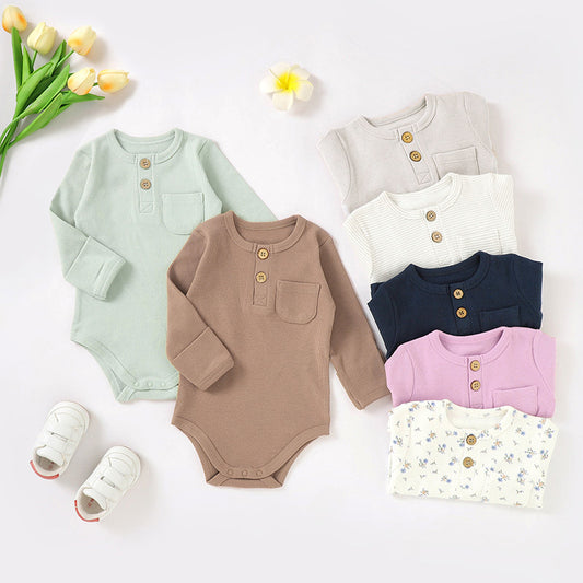 Knitted Long Sleeve Baby Romper Button Design Cotton Casual Outfit