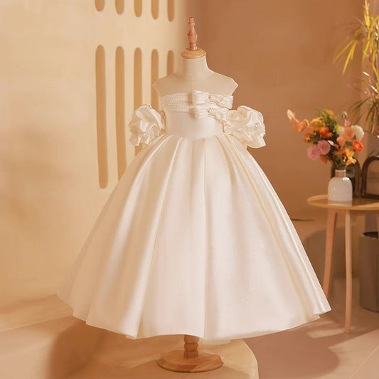 Girls' White Princess Dress for Birthday and Wedding