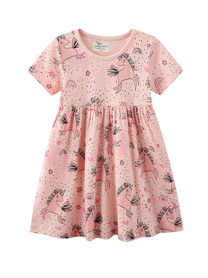 New Summer Short Sleeve Children Dress Cartoon Style Cotton