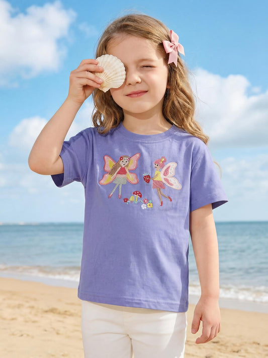 Violet Butterfly Embroidered Kids T-Shirt