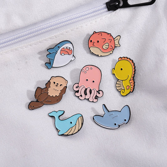 Ocean Creature Brooch Cute Shark Whale Seahorse Metal Badge Unique Accessories