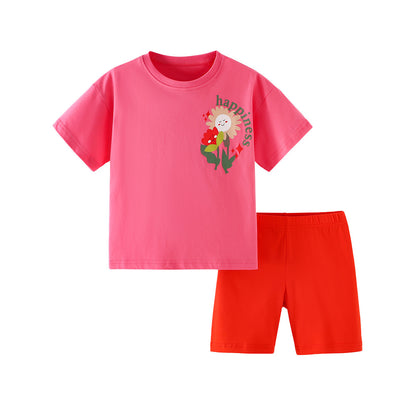 Cartoon Flower Printed Cotton Short Sleeve Set for Girls