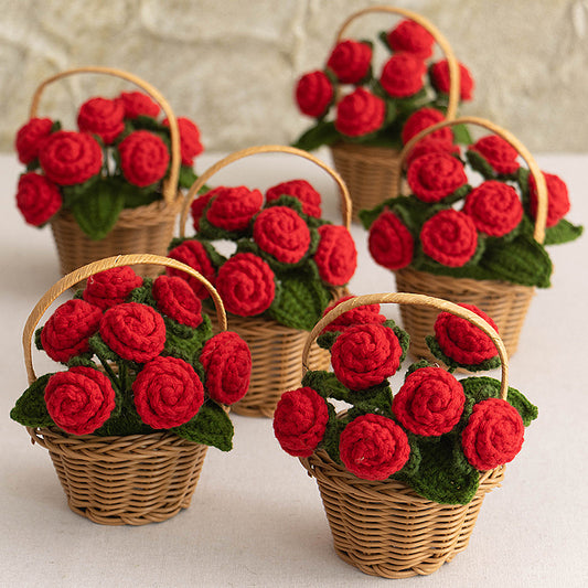 Handcrafted Knitted Flower Bouquet Red Rose Planter