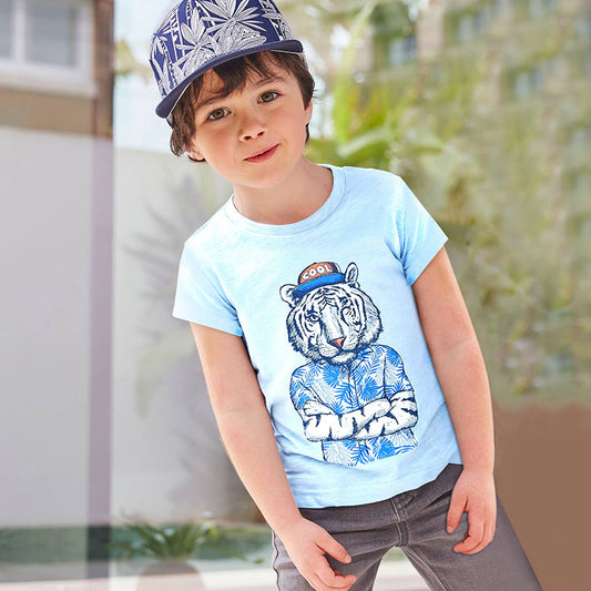 New Short Sleeve T-Shirt for Boys with Animal Print Cotton Fabric Casual Style