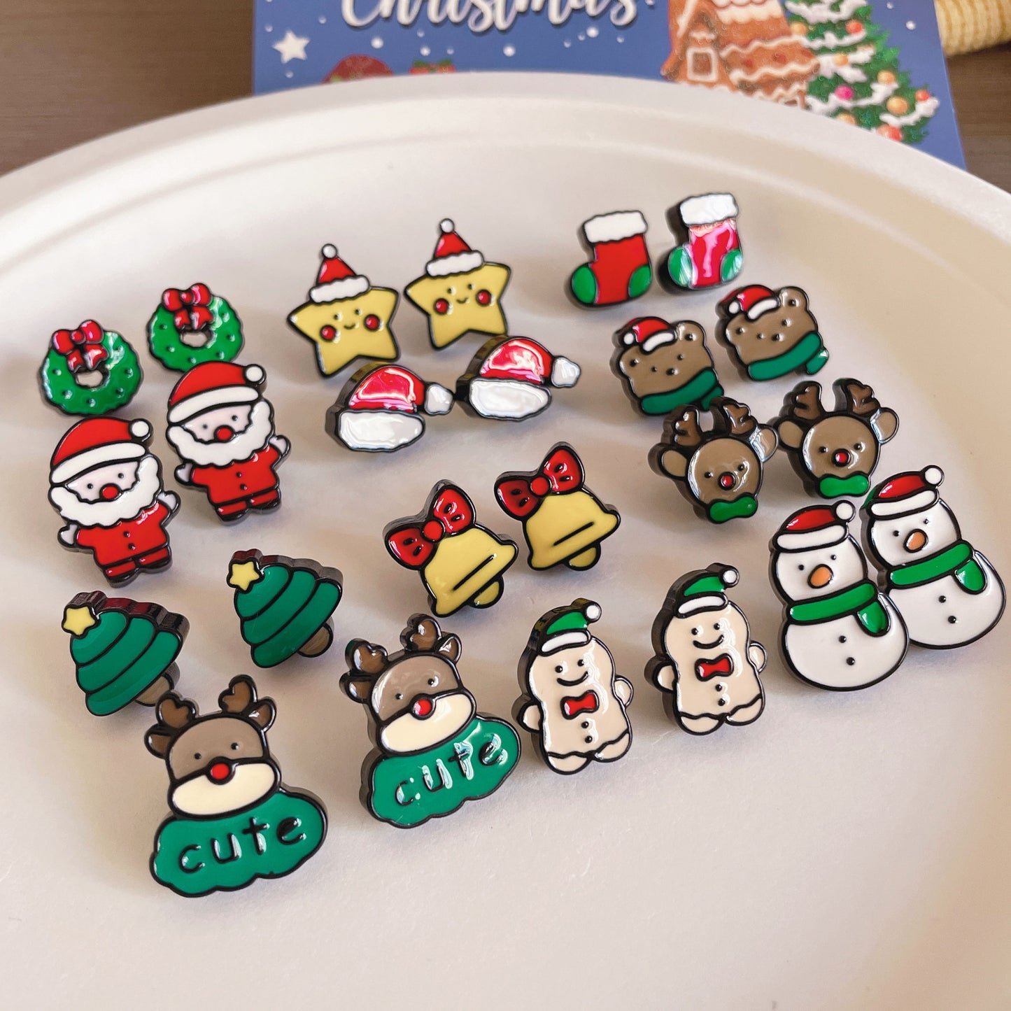 Cute Christmas Cartoon Character Earrings - Resin Drip Design
