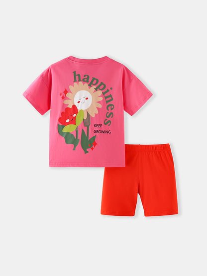 Cartoon Flower Printed Cotton Short Sleeve Set for Girls