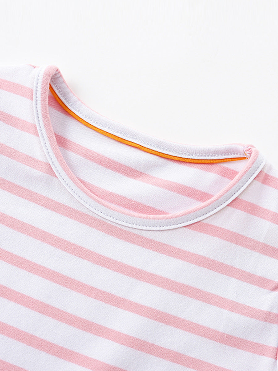 Animal Embroidered Striped Kids Dress with Ruffle Sleeves
