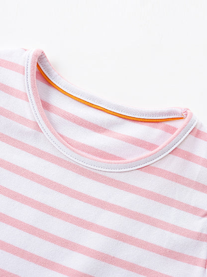 Animal Embroidered Striped Kids Dress with Ruffle Sleeves