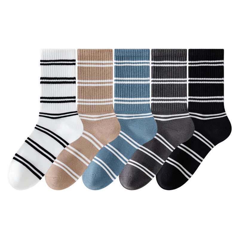 Retro Striped Cotton Mid-Calf Socks for Women