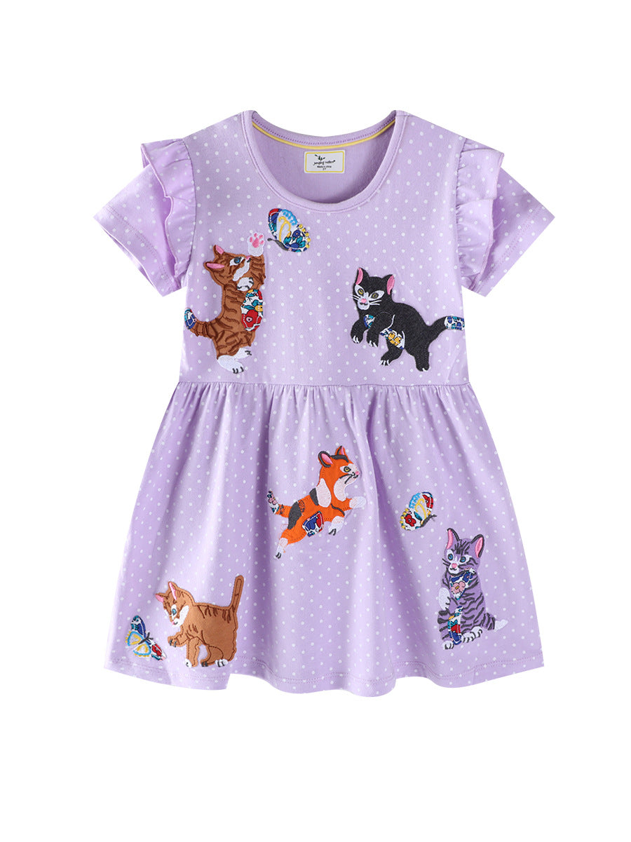 Cat Embroidered Short Sleeve Princess Dress for Girls