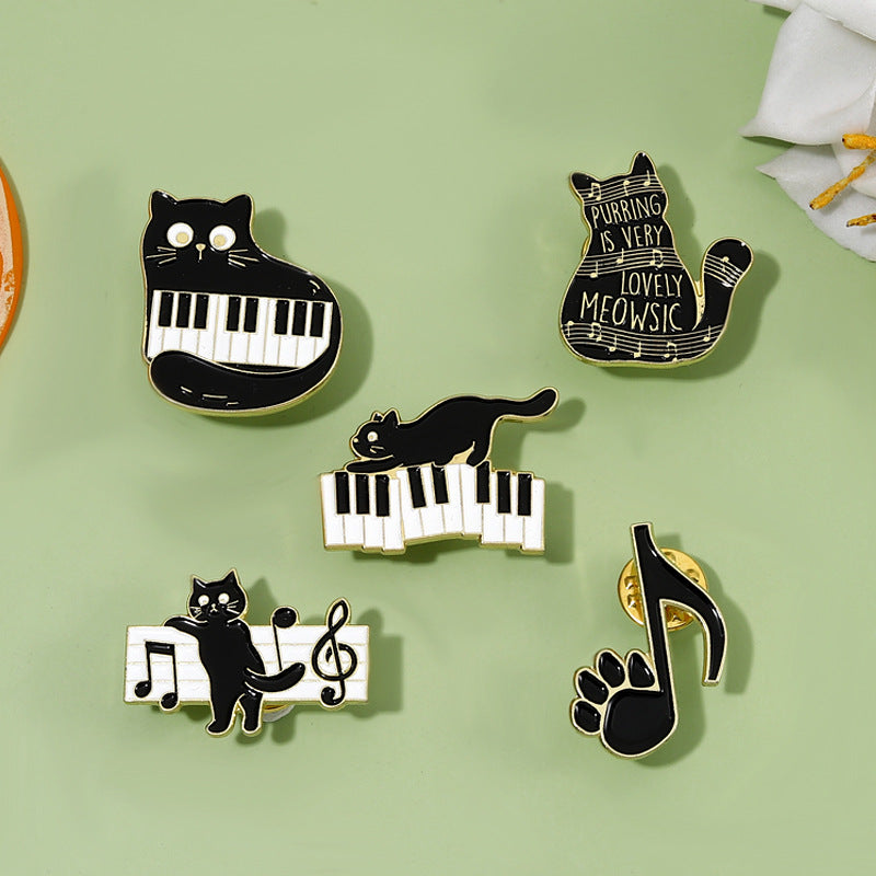 Cool Cartoon Black Cat Piano Brooch Cute Animal Lapel Pin