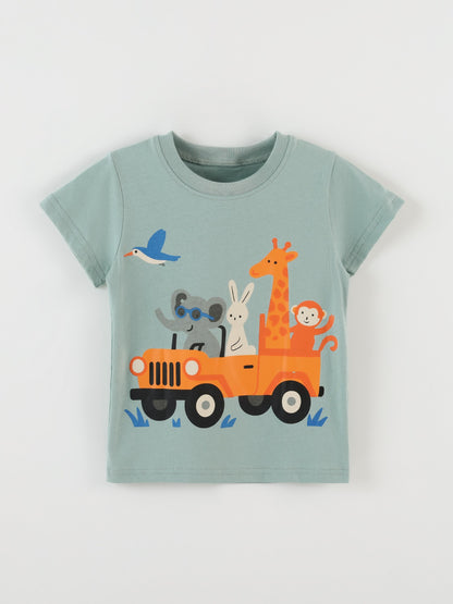 Summer Boy's Short Sleeve T-Shirt Animal Print Crew Neck