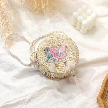 Woven Beach Bag with Butterfly Tassels for Girls