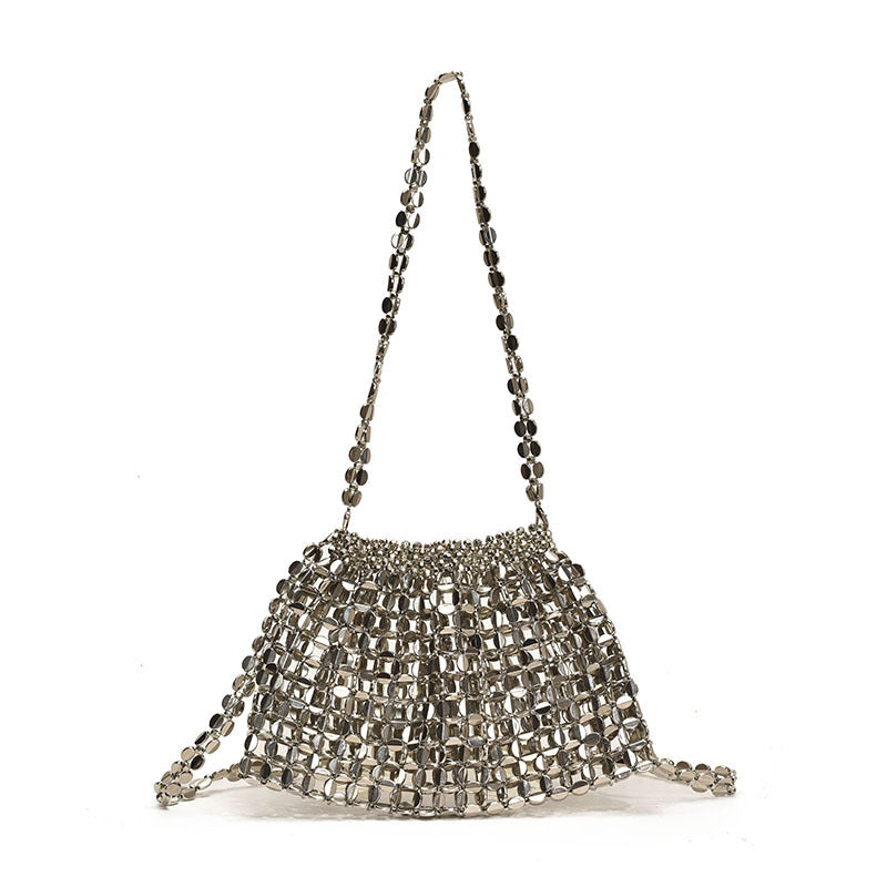 Trendy Beaded Woven Handbag with Chain Strap