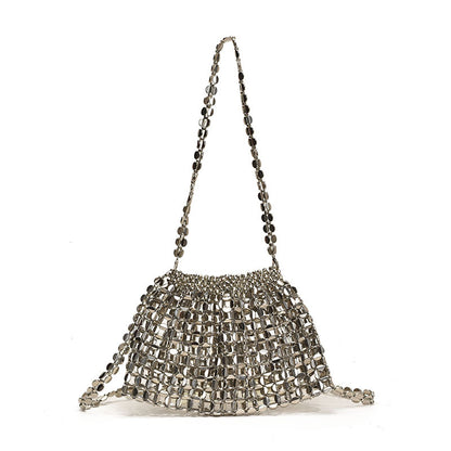 Trendy Beaded Woven Handbag with Chain Strap