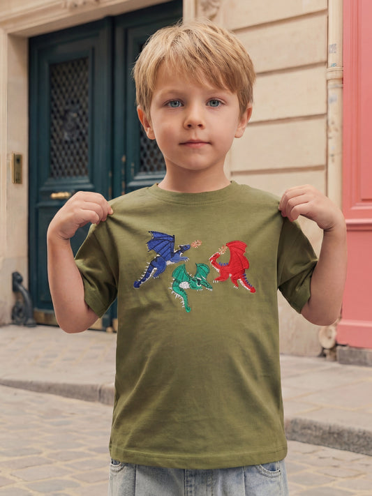 Summer New Boys' Short Sleeve T-Shirt with Dinosaur Embroidery