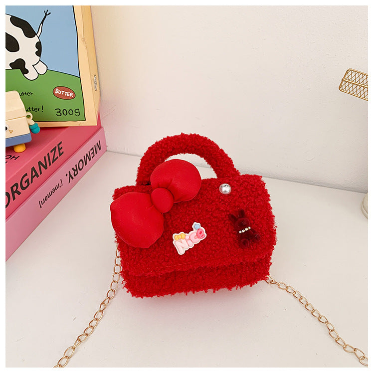 Cute Plush Red Children’s Handbag with Bow Design