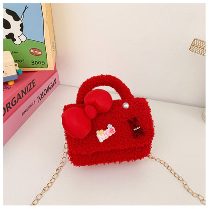 Cute Plush Red Children’s Handbag with Bow Design
