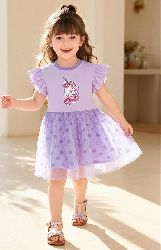 Summer Short Sleeve Girl's Dress Cute Cartoon Tulle Princess Dress
