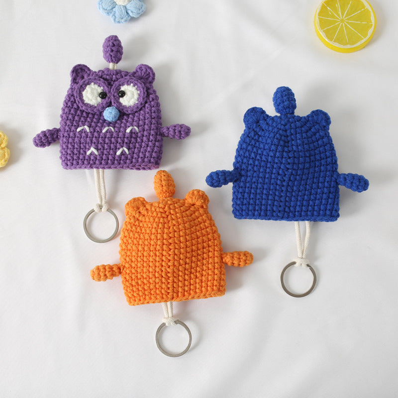 Cute Cartoon Owl Keychain Pouch Hand-Woven Cotton Bag