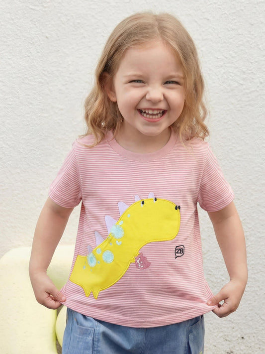 Girls' Dinosaur Embroidered Cotton T-Shirt Casual Style
