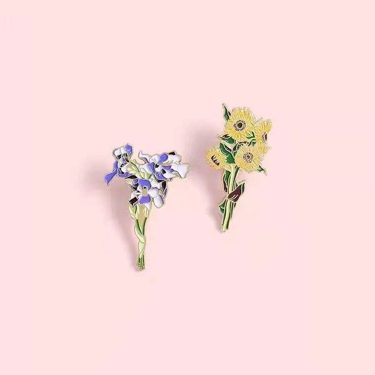 Sunflower & Iris Floral Brooch Artistic Lapel Pin for Bags