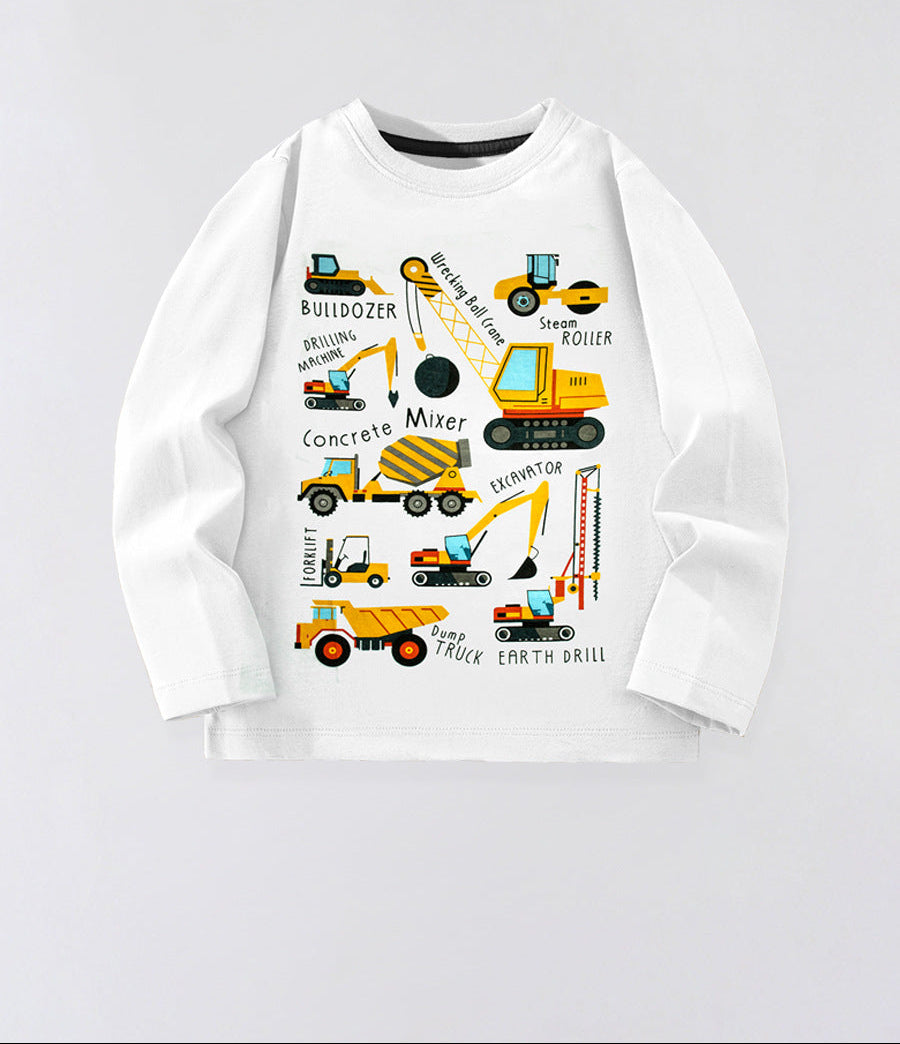 Kids Long Sleeve Cartoon Excavator T-Shirt Casual Cotton Top