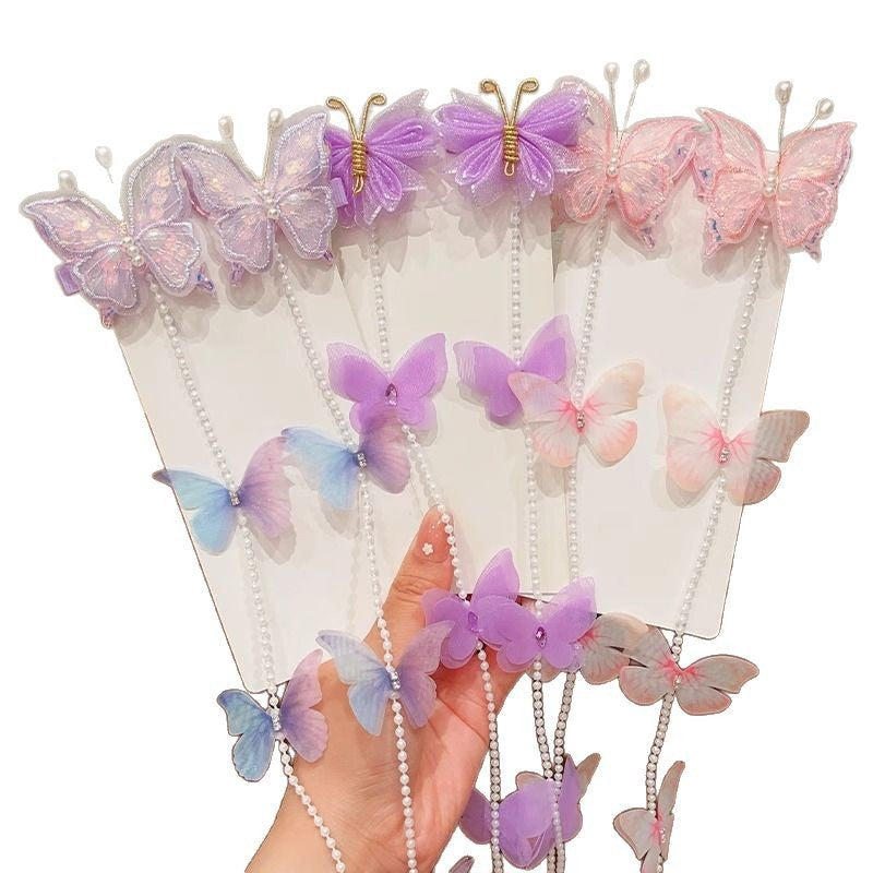 Children's Butterfly Pearl Hair Clips with Tassels