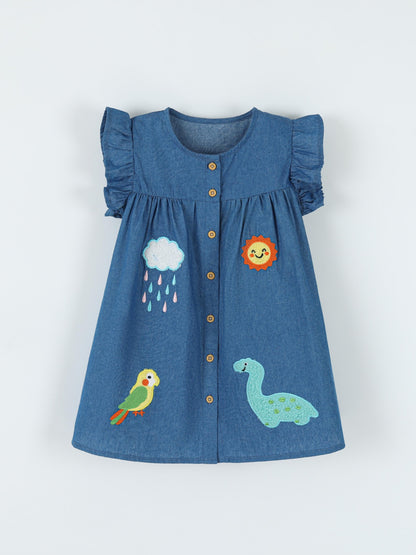 Trendy Denim A-Line Dress with Cute Floral Design