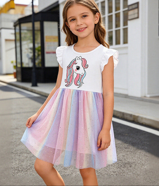 Girls' Cute Animal Print Princess Dress With Ruffle Sleeves