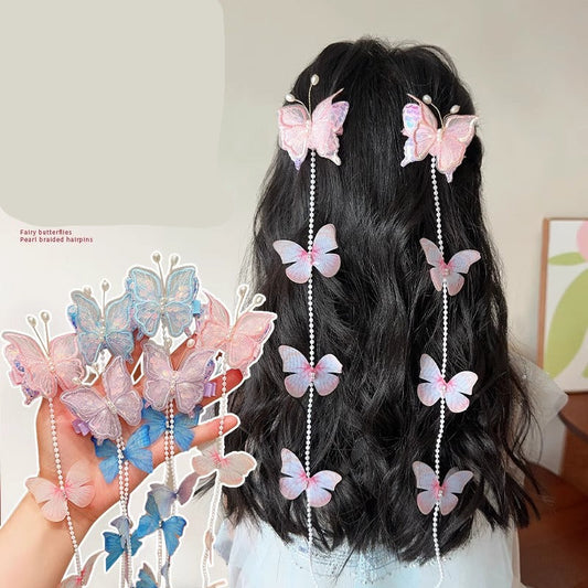 Children's Butterfly Pearl Hair Clips with Tassels