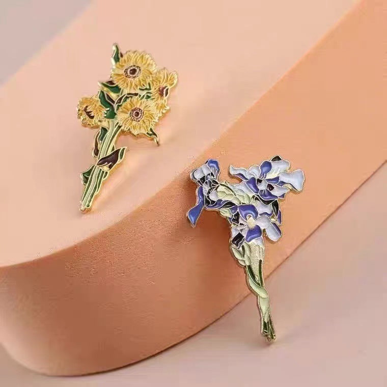 Sunflower & Iris Floral Brooch Artistic Lapel Pin for Bags