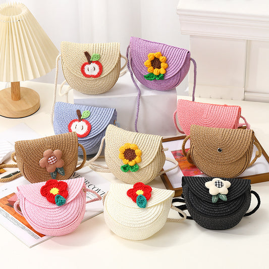 Woven Straw Beach Bag for Kids Floral Design Lightweight