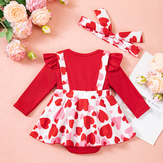 Heart Print Long Sleeve Baby Girl Romper Dress Set