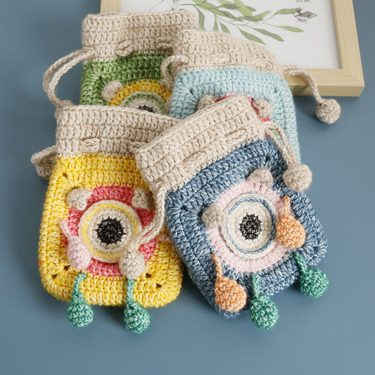 Cartoon Handwoven Drawstring Pouch Cute Yarn Coin Purse