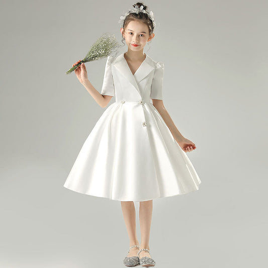 White Short Sleeve Girls' Event Party Dress