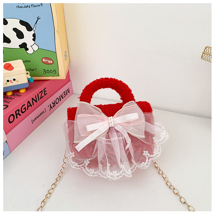 Cute Plush Red Children’s Handbag with Bow Design