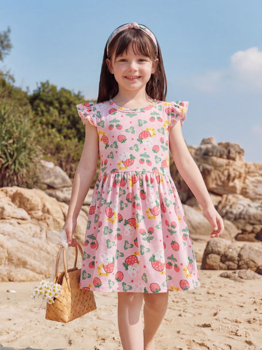 Cartoon Ruffle Sleeve Dress for Girls Cotton Cute A-Line Style